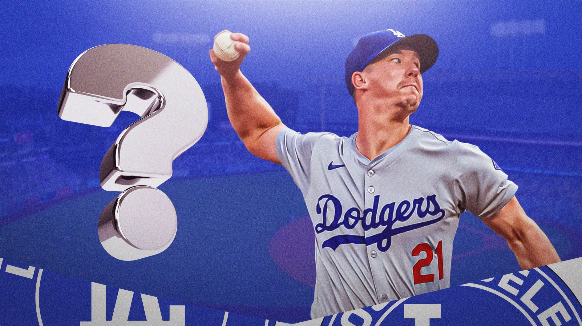 Dodgers Walker Buehler pitching a baseball on right. Place a question mark on left. Dodger Stadium background.