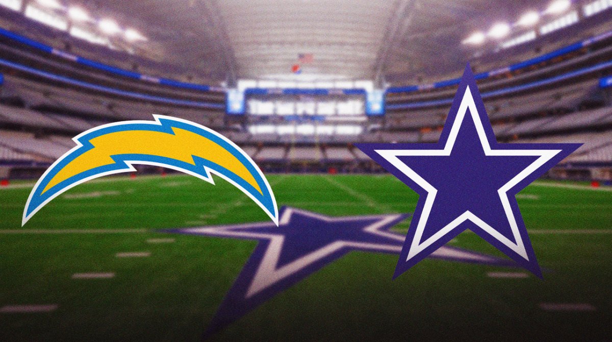 Los Angeles Chargers logo on left side, Dallas Cowboys logo on right side, AT&T Stadium (home stadium of the Dallas Cowboys) in the background
