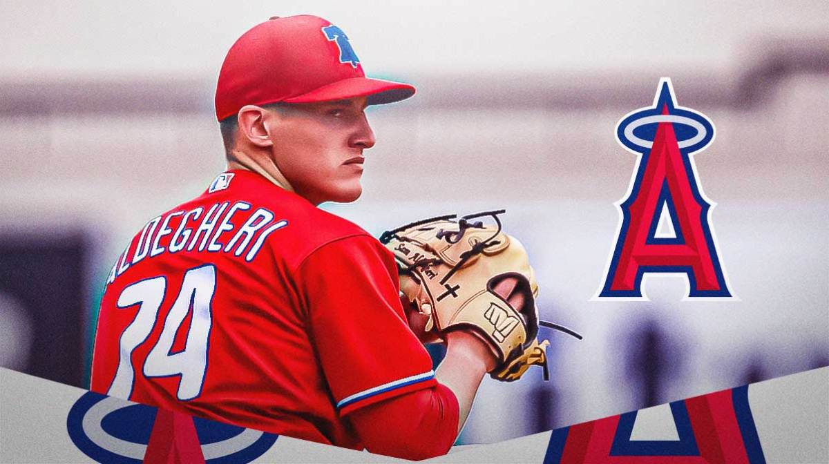 Angels prospect pitcher Samuel Aldegheri next to the Angels' logo