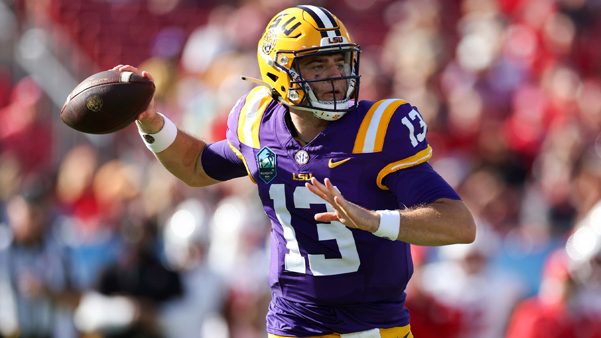 LSU Tigers quarterback Garrett Nussmeier (13) throws a pass against the Wisconsin Badgers in the third quarter during the ReliaQuest Bowl at Raymond James Stadium.