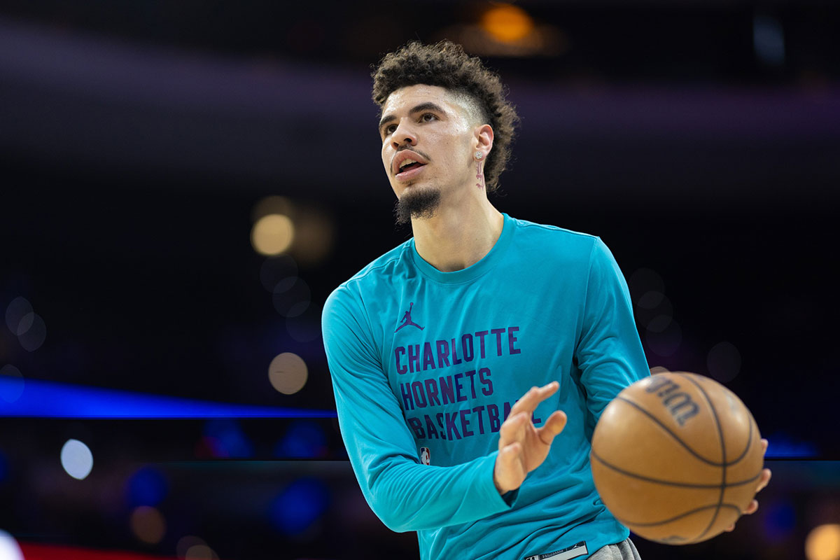 Charlotte Hornets guard LaMelo Ball practices before a game against the Philadelphia 76ers at Wells Fargo Center.