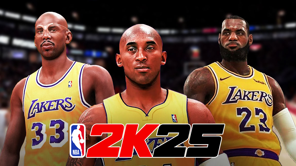 NBA 2K versions of LeBron James, Kareem Abdul-Jabbar, and Kobe Bryant with NBA 2K25 logo