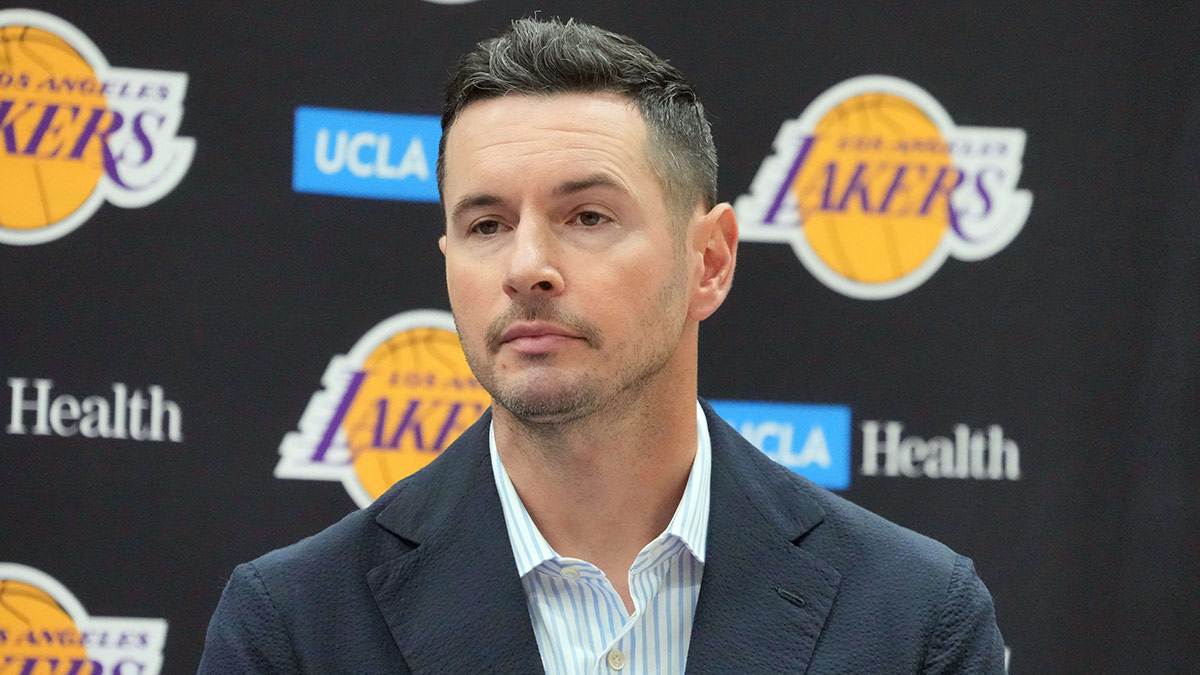 Los Angeles Lakers coach JJ Redick at a press conference at the UCLA Health Training Center.
