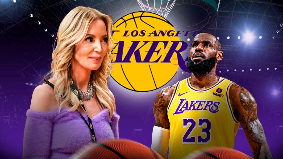 Jeanie Buss beside LeBron James, Lakers logo in the background.