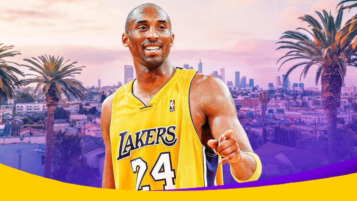 Kobe Bryant wearing Lakers uniform and Los Angeles in the background