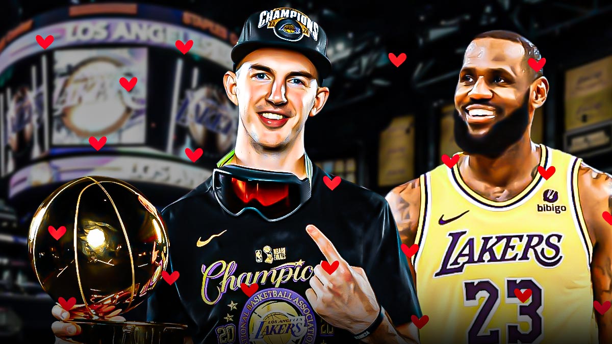 Lakers' LeBron James with hearts all over him, while looking at Alex Caruso holding the 2020 NBA championship