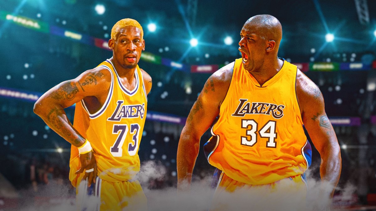 Lakers Shaquille O'Neal looking angry at Lakers Dennis Rodman