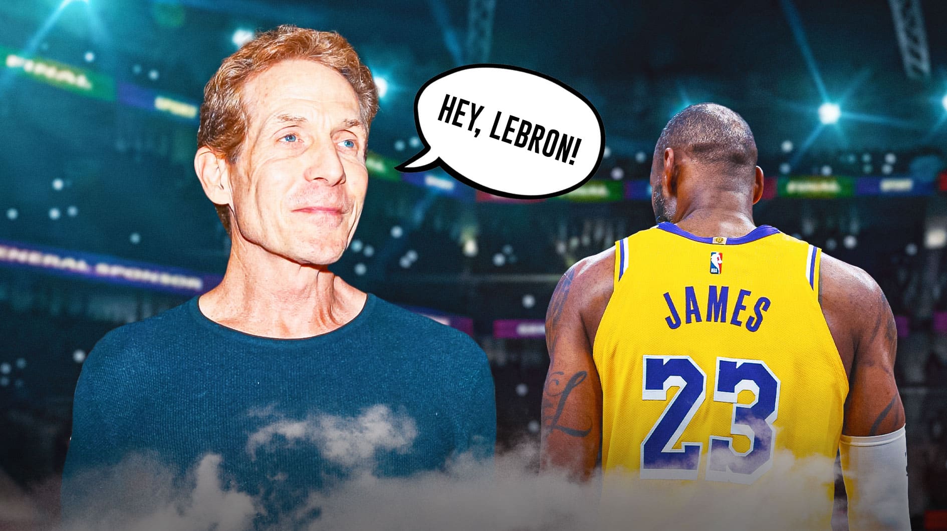 Skip Bayless with a speech bubble saying "Hey, LeBron!" with LeBron James turning his back to him