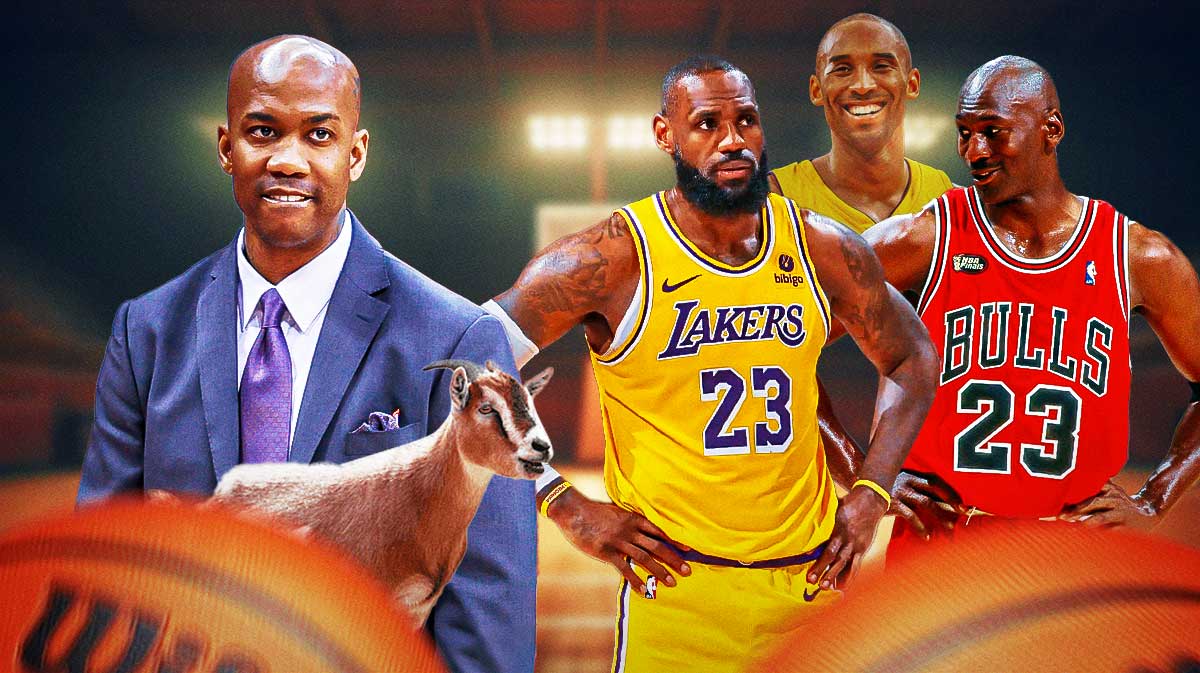 Stephon Marbury and a goat staring at Michael Jordan & LeBron James staring at each other with Kobe Bryant face lifted above