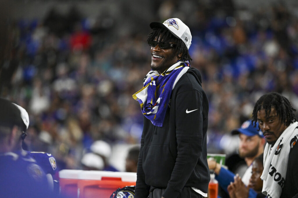 Baltimore Ravens quarterback Lamar Jackson stands on the sidelines during the second half of a preseason game against the Philadelphia Eagles at M&T Bank Stadium. 