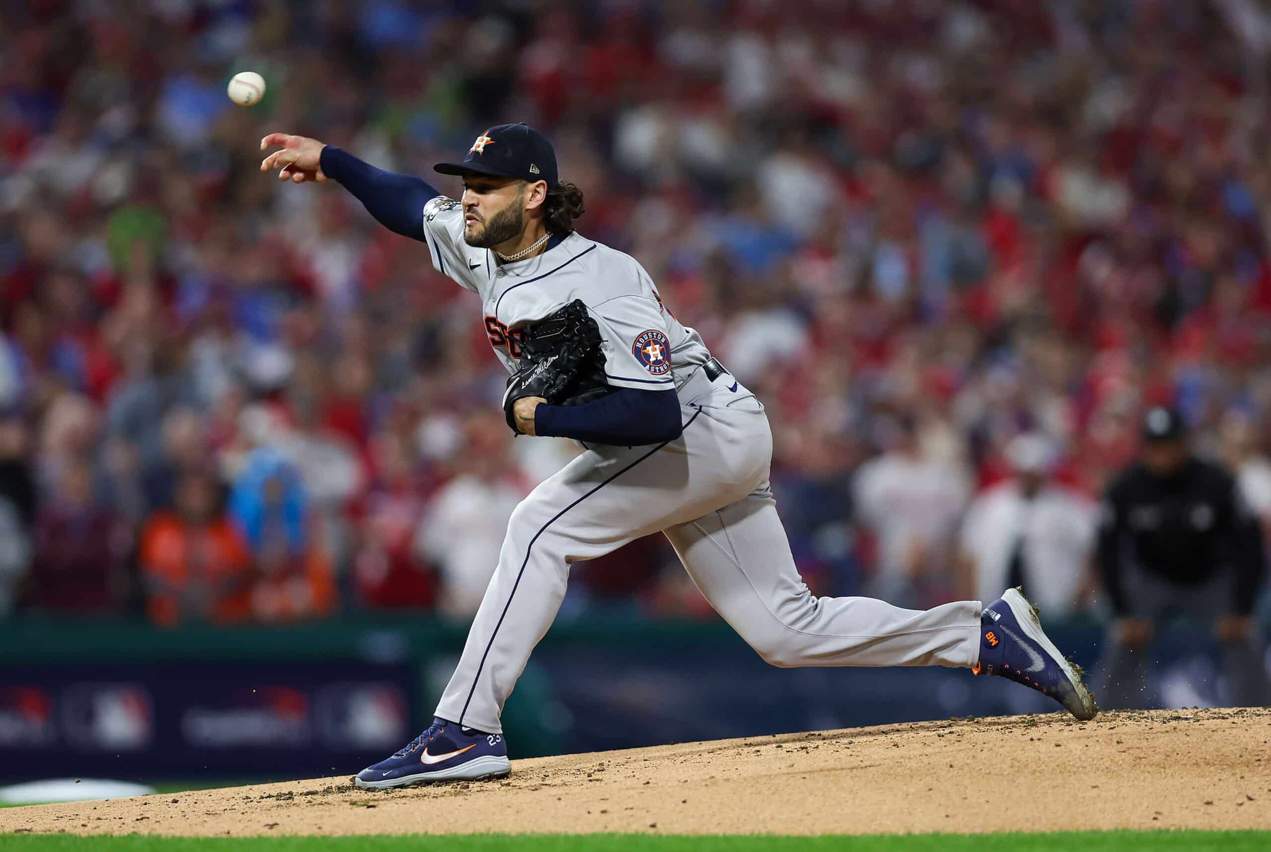 Houston Astros starting pitcher Lance McCullers Jr. (43) pitches against the Houston Astros during the first inning in game three of the 2022 World Series at Citizens Bank Park.