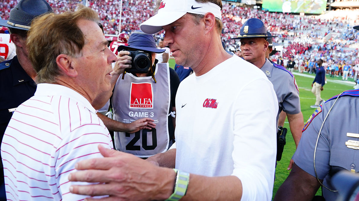 Sep 23, 2023; Tuscaloosa, Alabama, USA; Alabama Crimson Tide head coach Nick Saban greets Mississippi Rebels head coach Lane Kiffin midfield after Alabama defeated the Rebels 24-10 at Bryant-Denny Stadium.