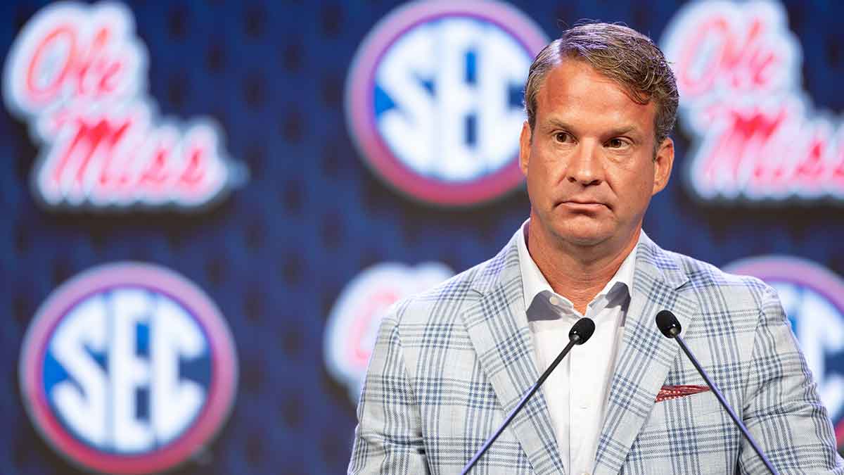 Ole Miss head coach Lane Kiffin speaking at Omni Dallas Hotel.