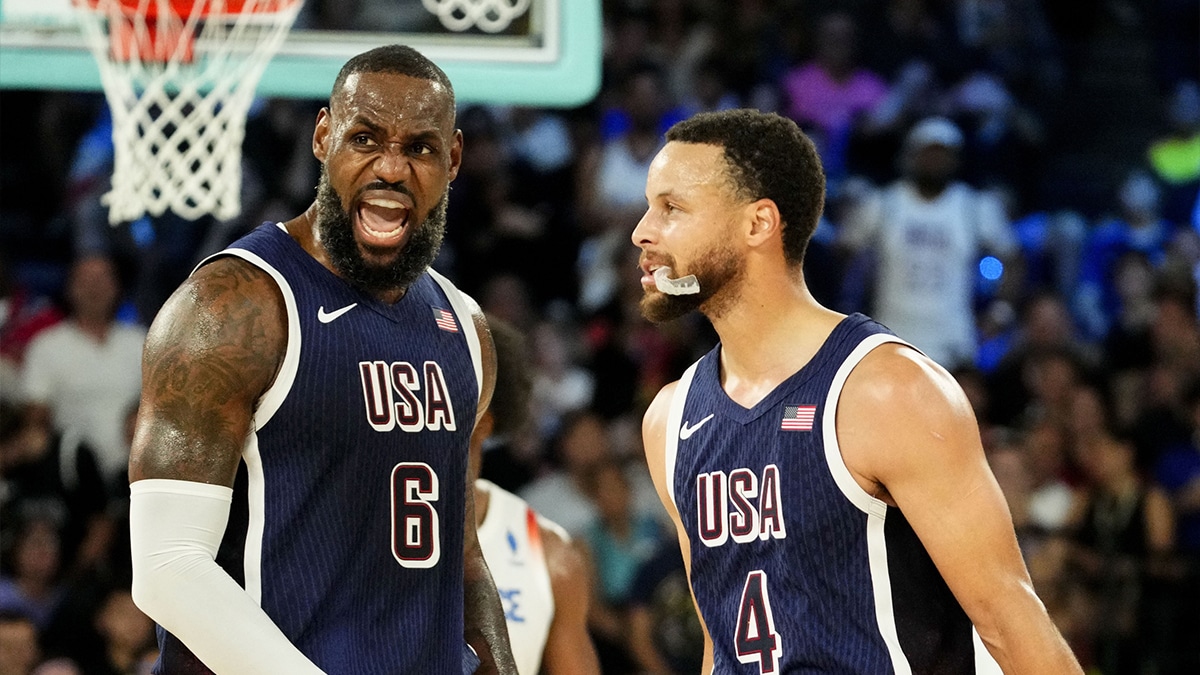 United States guard Lebron James (6) and United States shooting guard Stephen Curry (4) in the men's basketball gold medal game during the Paris 2024 Olympics Summer Games at Accor Arena.