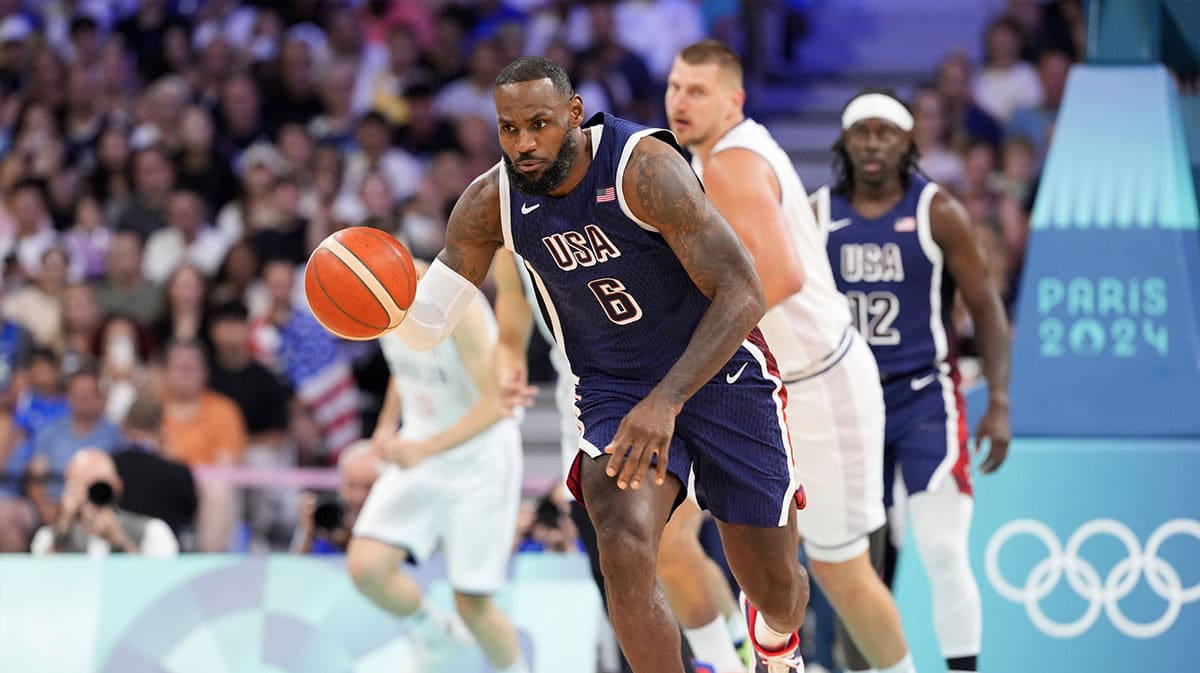 United States guard Lebron James (6) dribbles in the first quarter against Serbia during the Paris 2024 Olympic Summer Games at Stade Pierre-Mauroy.