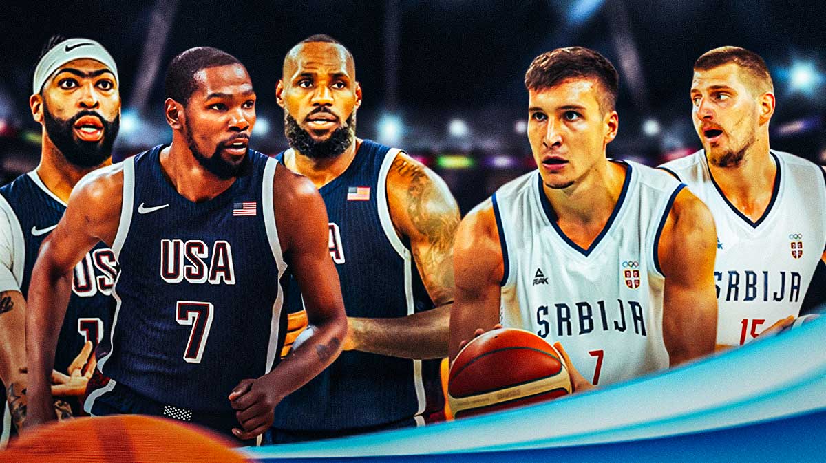 Team USA's Anthony Davis, Kevin Durant and LeBron James facing Serbia's Nikola Jokic and Bogdan Bogdanovic