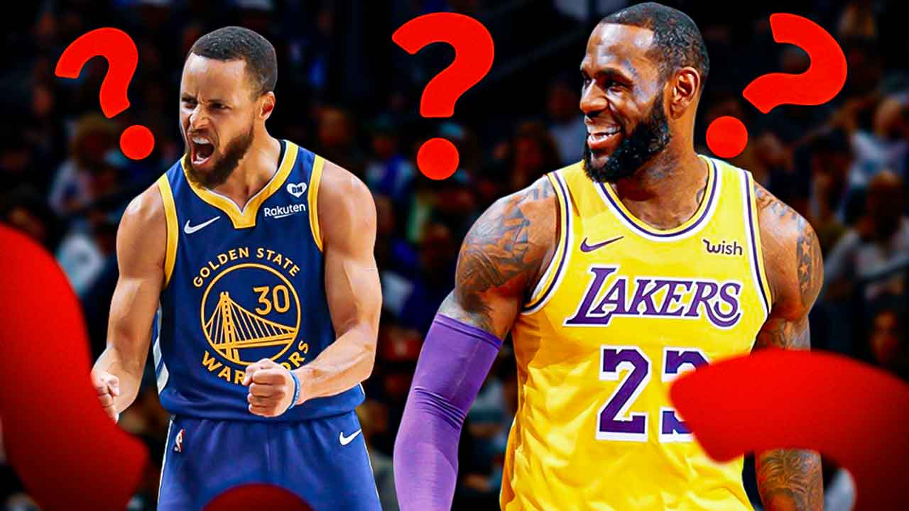 Warriors' Stephen Curry and Lakers' LeBron James with question mark in between them