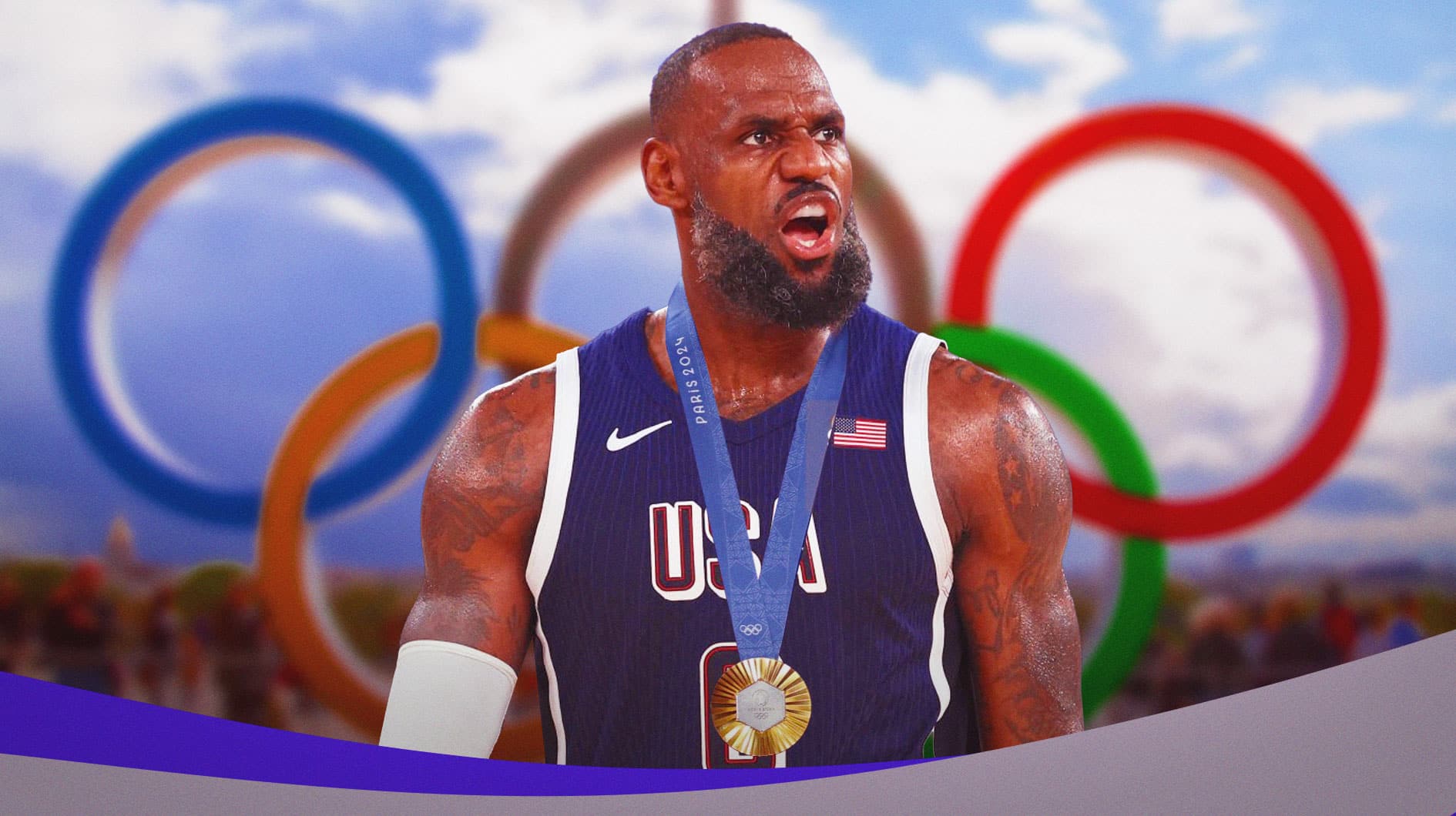 Team USA LeBron James with a gold medal looking mad in front of Olympics background