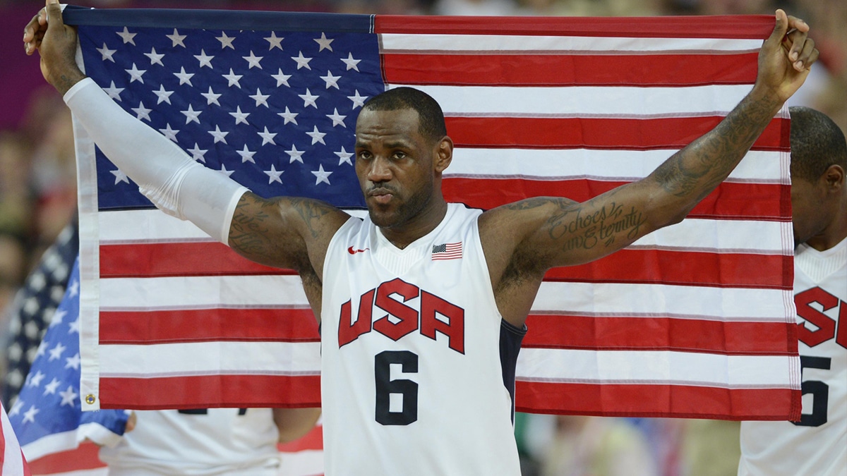 USA forward LeBron James (6) celebrates after winning the gold in the men's basketball final against Spain in the London 2012 Olympic Games at North Greenwich Arena.