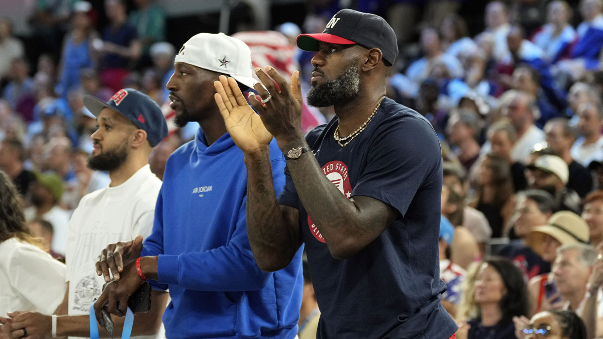 Lakers star LeBron James cheers in the second half between France and the United States in the women's gold medal game during the Paris 2024 Olympic Summer Games at Accor Arena.