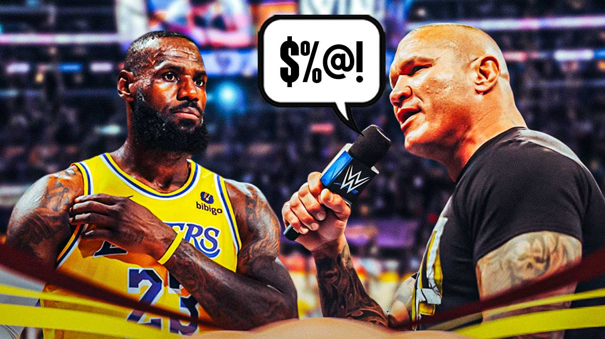 LeBron James standing next to Randy Orton with a speech bubble containing $%@! in the bubble coming out of Orton's mouth with a Lakers colored bg.