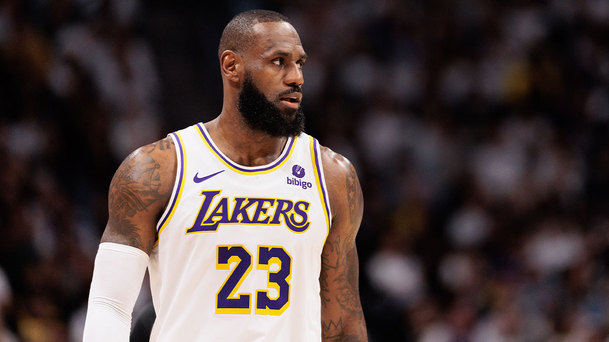 LeBron James (23) looks on during the third quarter against the Denver Nuggets