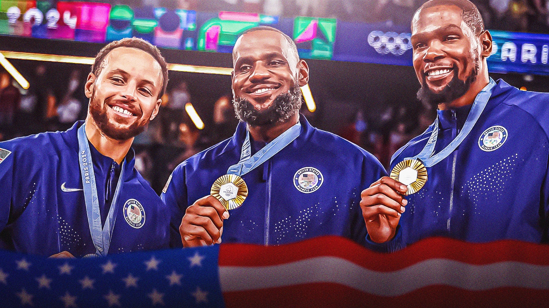 LeBron James looking happy with Steph Curry and Kevin Durant