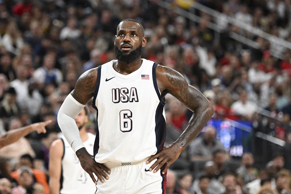 Jul 10, 2024; After facing NCAA Cooper Flagg, USA forward Lebron James (6) looks on during the third quarter against Canada in the USA Basketball Showcase at T-Mobile Arena