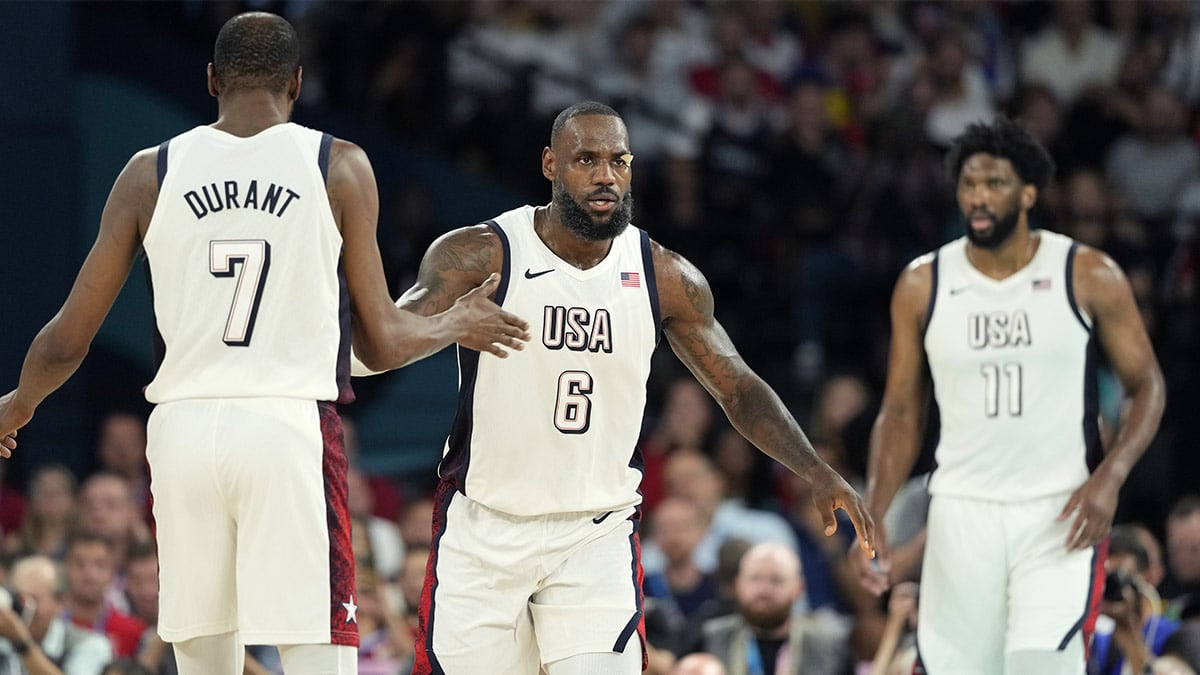 United States guard LeBron James (6) looks on before the game against Serbia in a men's basketball semifinal game during the Paris 2024 Olympic Summer Games at Accor Arena.