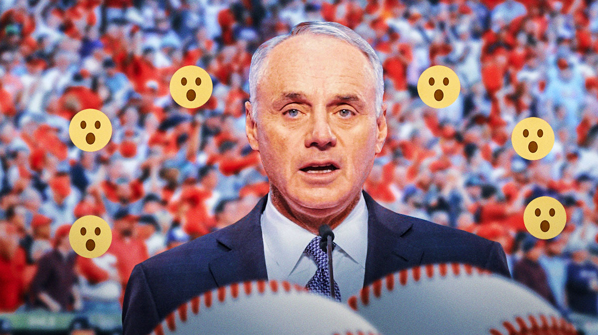 Rob Manfred on one side, a bunch of baseball fans on the other side with shocked emojis around them