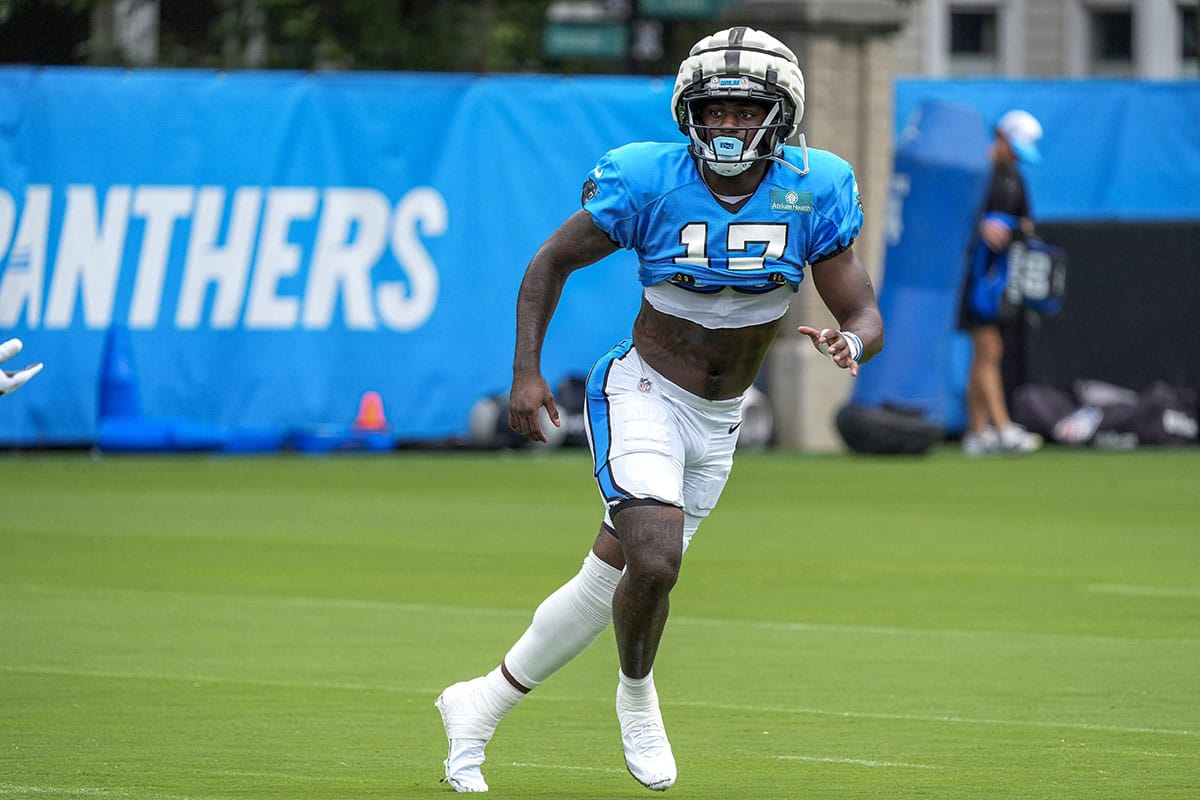 Carolina Panthers wide receiver Xavier Legette (17) runs a route during training camp at Carolina Panthers Practice Fields.