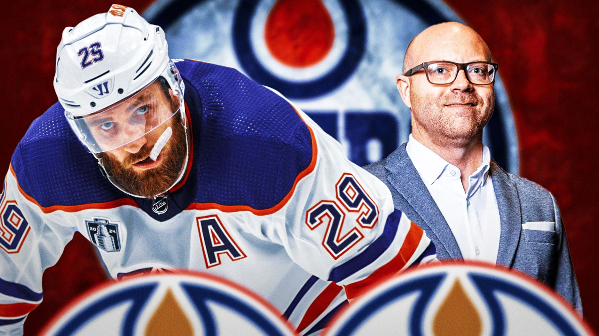 Leon Draisaitl and Stan Bowman with Oilers logo behind them