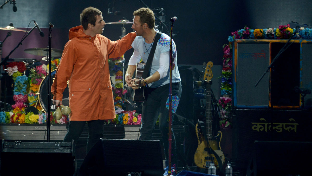 Liam Gallagher performing with Chris Martin at One Love Manchester in 2017.