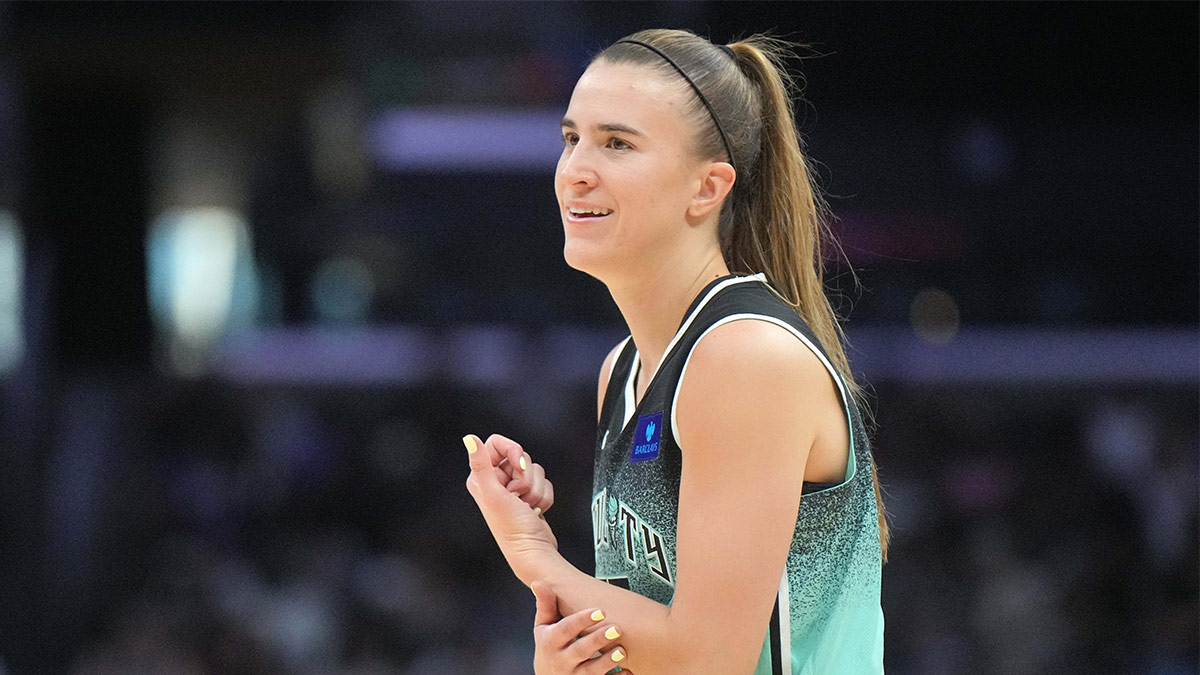 New York Liberty guard Sabrina Ionescu (20) reacts in the first half against the LA Sparks at Crypto.com Arena.
