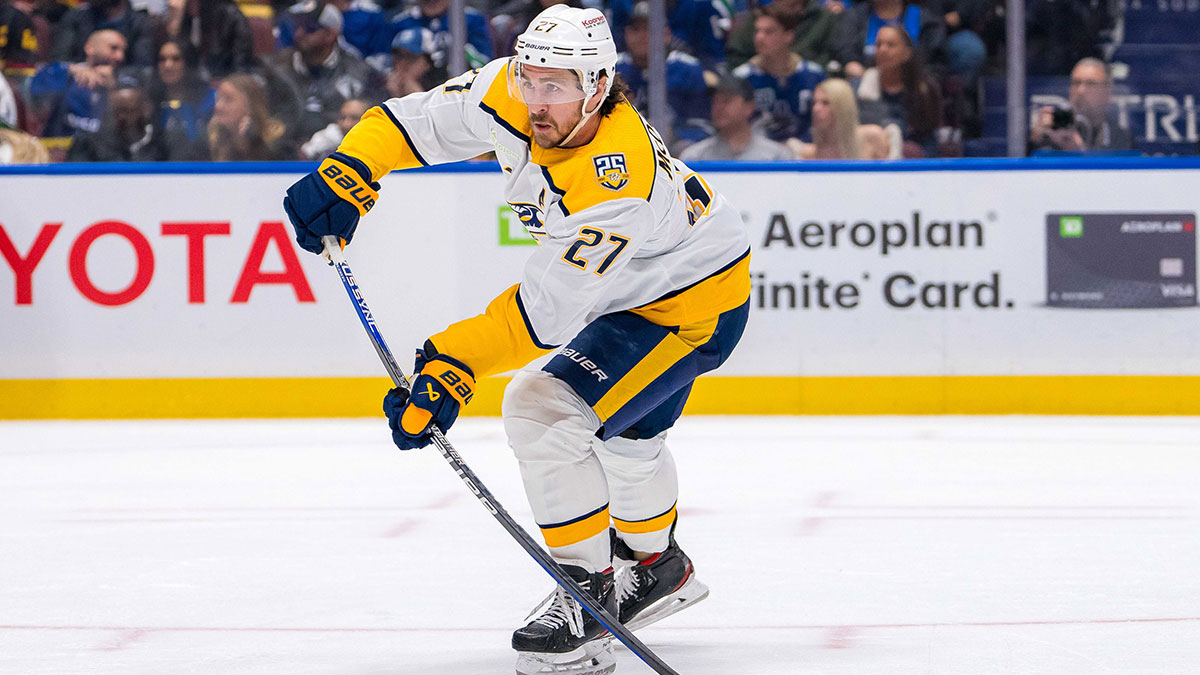 Nashville Predators defenseman Ryan McDonagh (27) makes a pass against the Vancouver Canucks during the first period in game five of the first round of the 2024 Stanley Cup Playoffs at Rogers Arena.