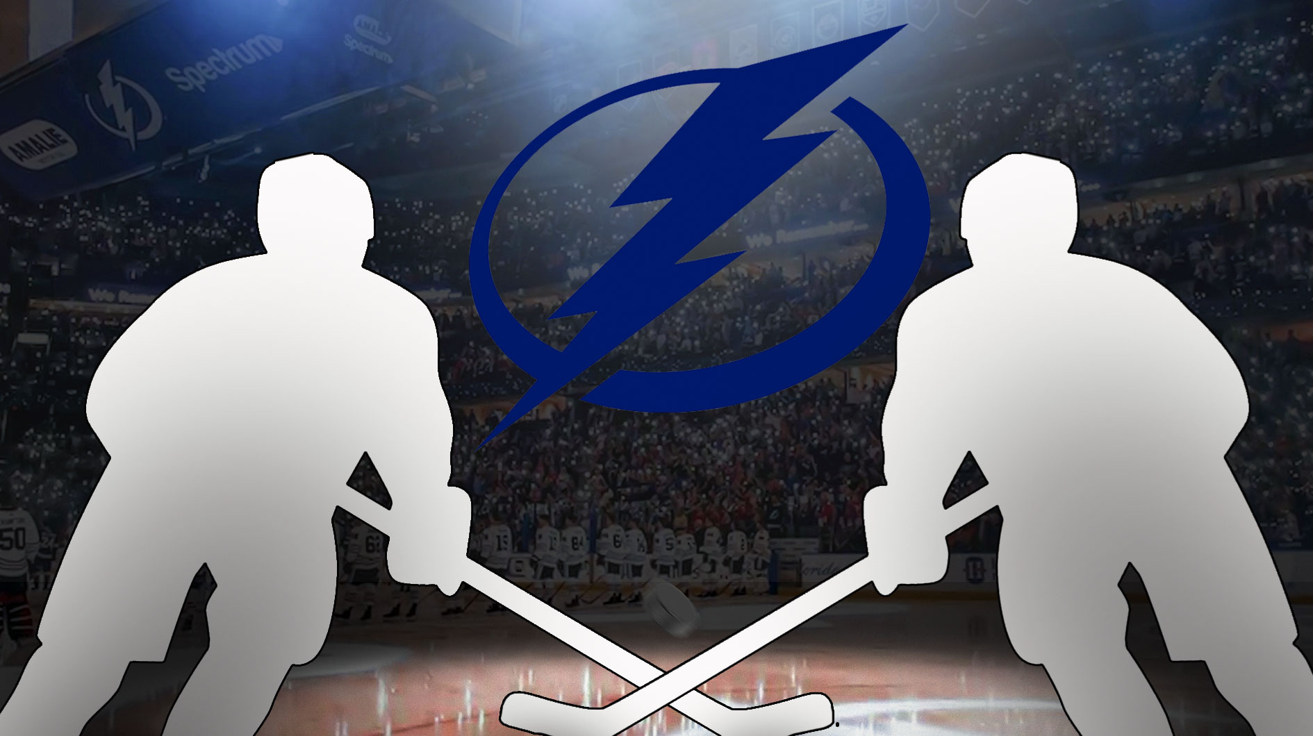 Tampa Bay Lightning logo in center, blank player silhouettes around logo, Amalie Arena (home arena of the Tampa Bay Lightning) in background