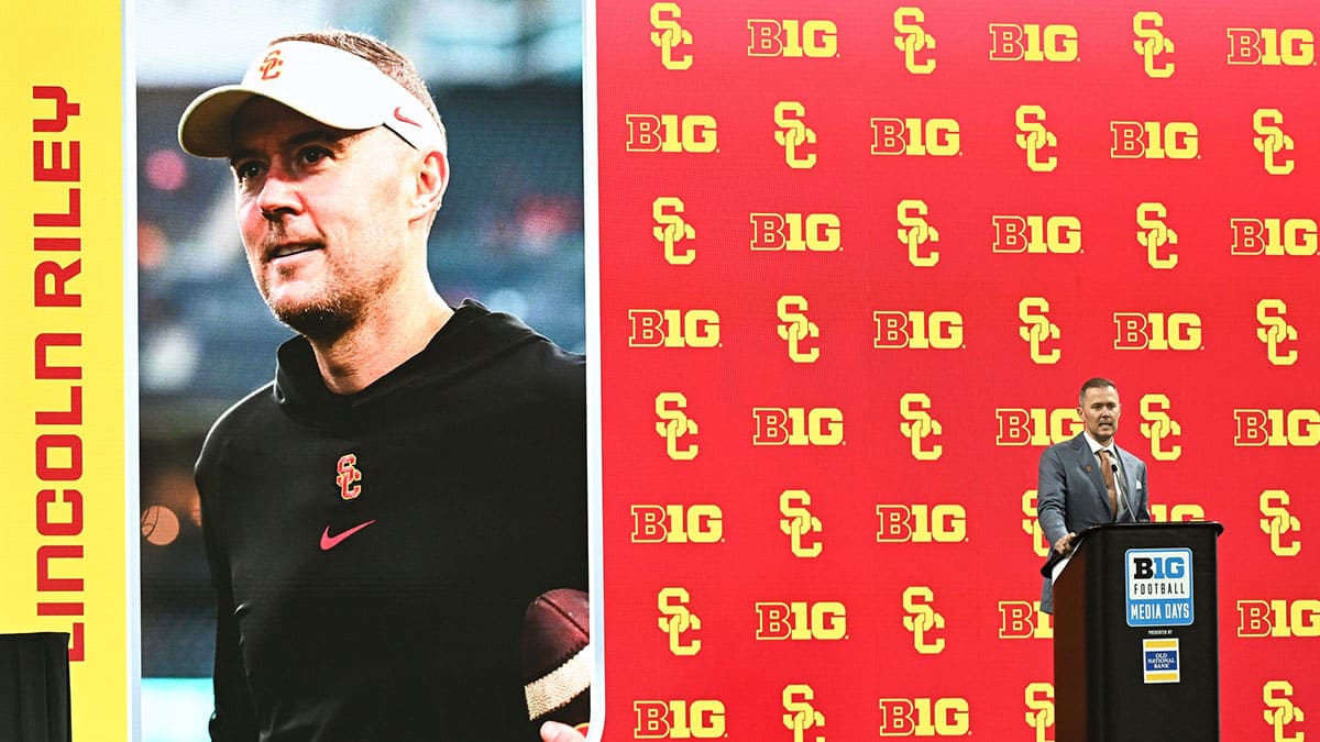 USC Trojans head coach Lincoln Riley speaks to the media during the Big 10 football media day at Lucas Oil Stadium.