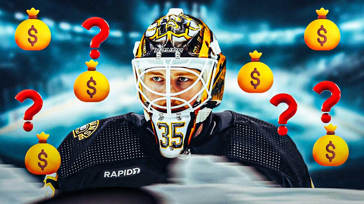 Linus Ullmark in Senators uniform surrounded by money bag emojis and question mark emojis