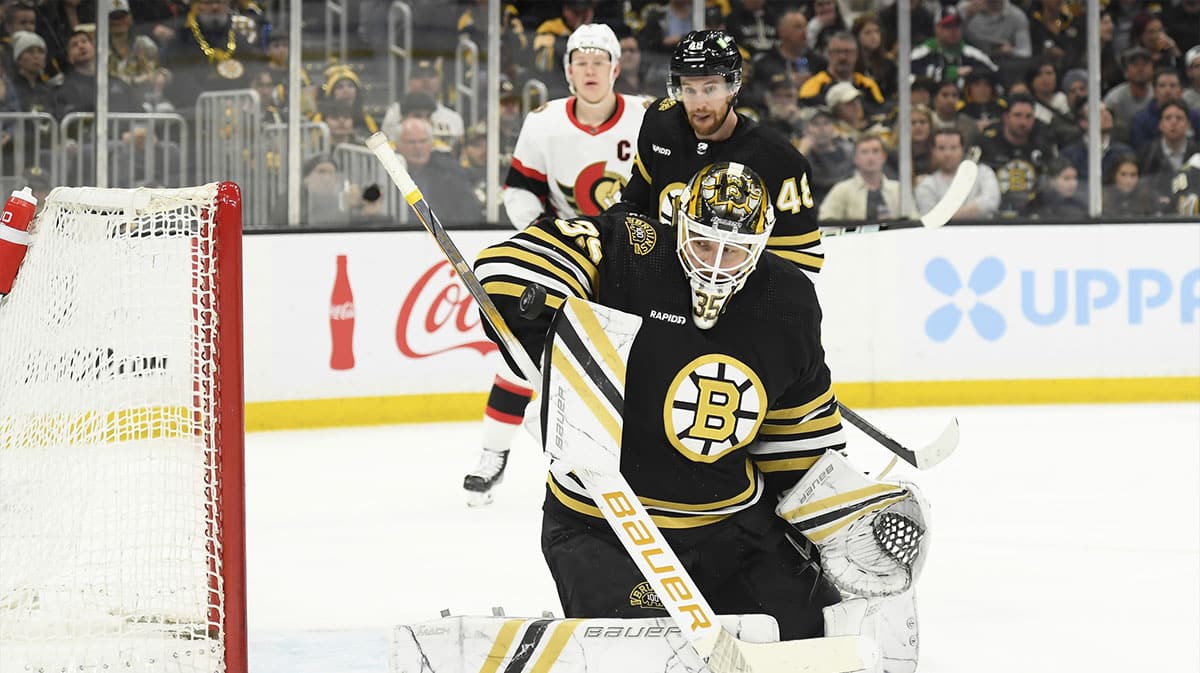 Boston Bruins goaltender Linus Ullmark (35) makes a save during the second period against the Ottawa Senators at TD Garden.