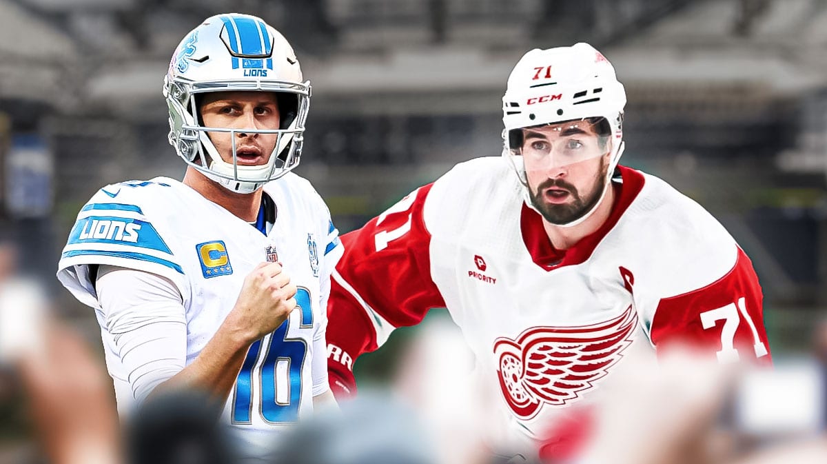 Lions star Jared Goff receiving a special Red Wings gift from Dylan Larkin.