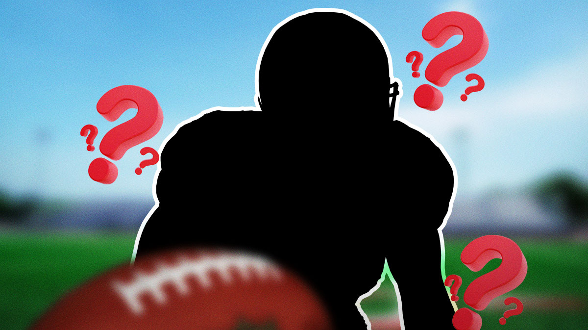 A silhouetted Lions player surrounded by question marks with a Detroit Lions background.