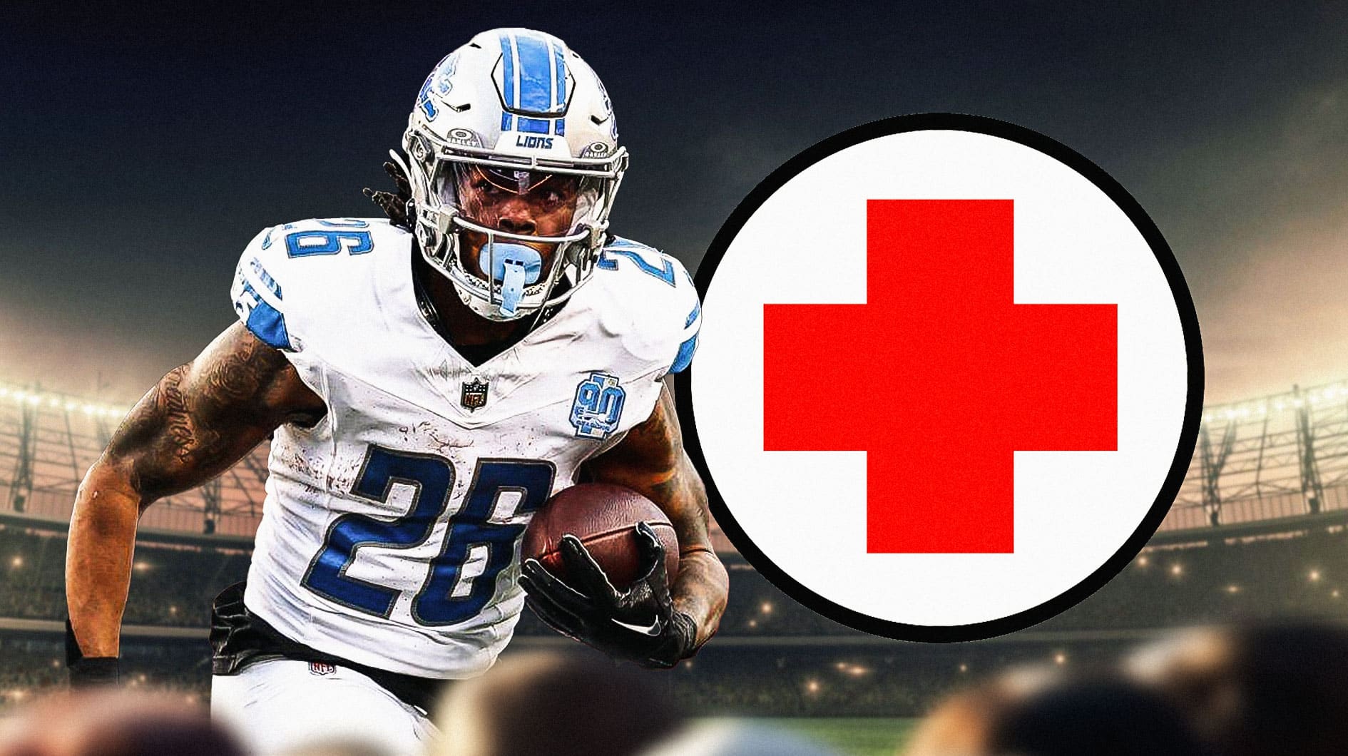 Jahmyr Gibbs (Lions) with medical cross symbol