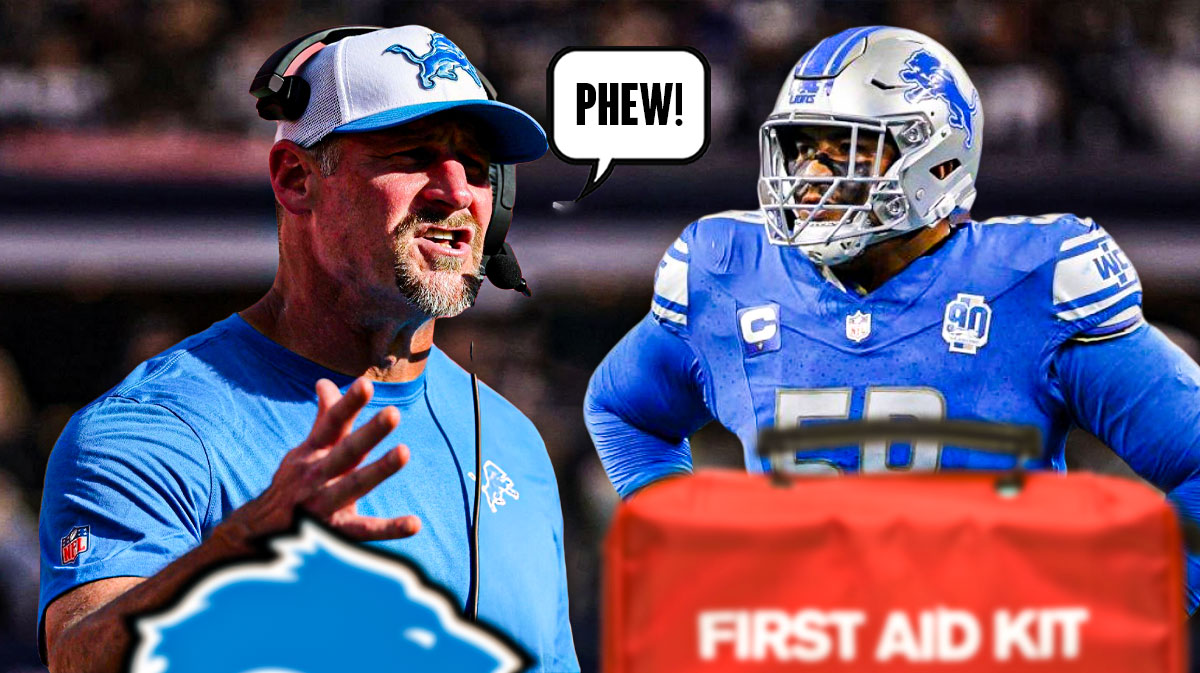 Penei Sewell on one side with an injury kit in front of him, Dan Campbell on the other side with a speech bubble that says "Phew!"