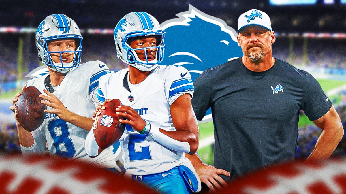 Detroit Lions QBs Hendon Hooker and Nate Sudfeld with head coach Dan Campbell. There is also a logo for the Detroit Lions.