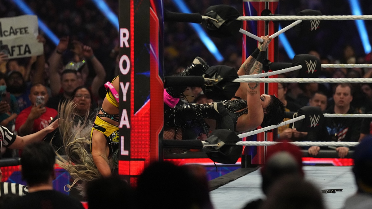 Liv Morgan and Rhea Ripley, who will face at the 2024 WWE SummerSlam event, at the 2023 Royal Rumble.