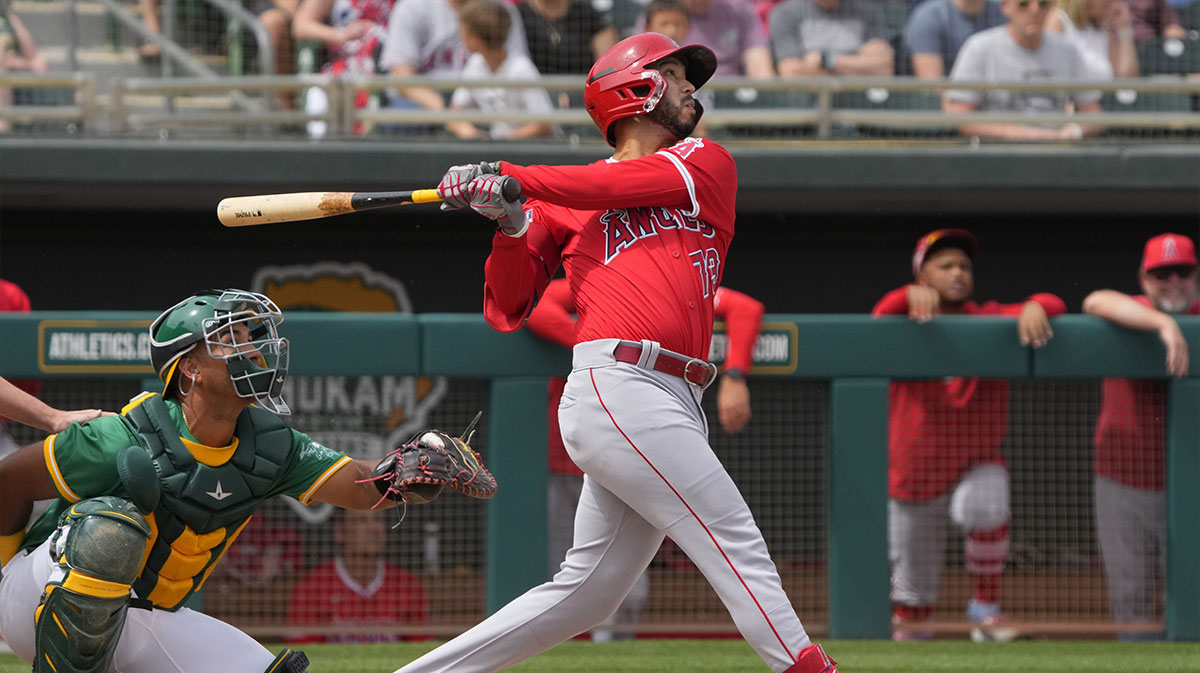 Los Angeles Angels second baseman Livan Soto (73) hits against the Oakland Athletics in the second inning at Hohokam Stadium.
