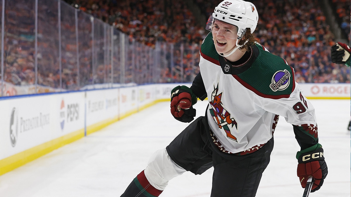 Arizona Coyotesforward Logan Cooley (92) celebrates scoring a goal during the second period against the Edmonton Oilers at Rogers Place.