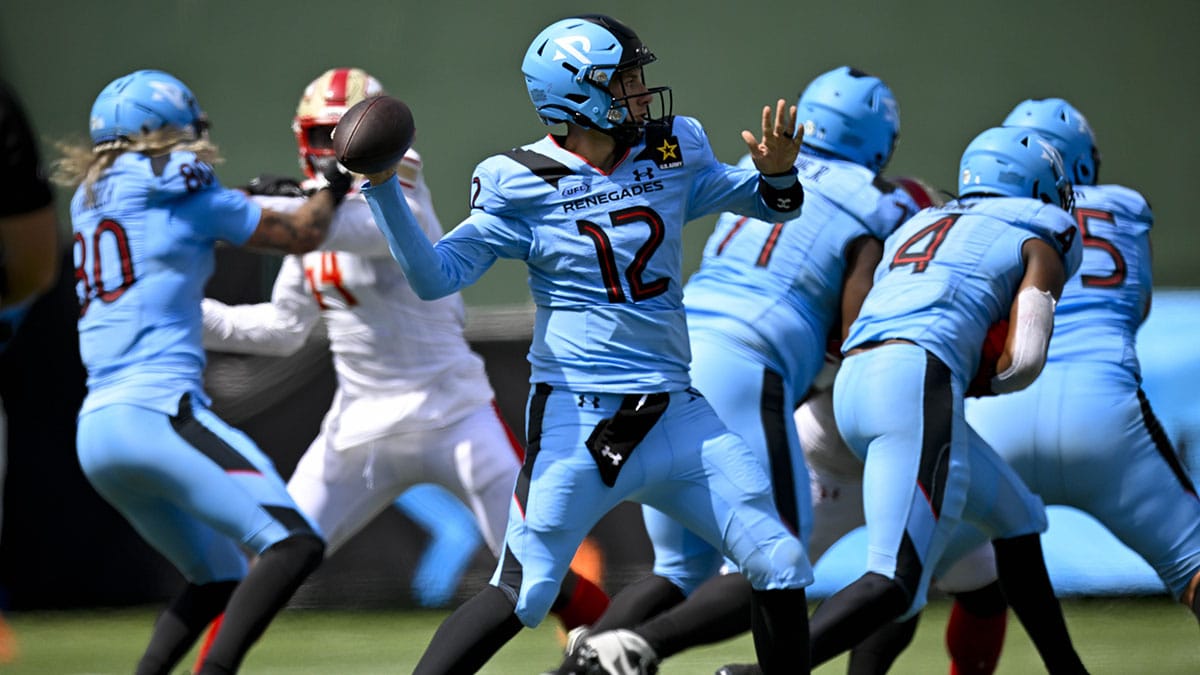 Arlington Renegades quarterback Luis Perez (12) passes against the Birmingham Stallions during the second half at Choctaw Stadium. 