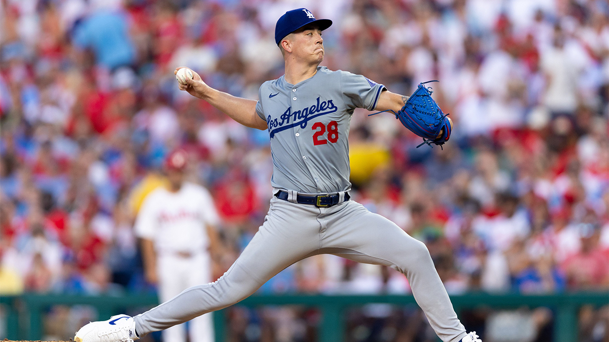 Jul 9, 2024; Philadelphia, Pennsylvania, USA; Los Angeles Dodgers pitcher Bobby Miller (28) throws a pitch during the third inning against the Philadelphia Phillies at Citizens Bank Park. Mandatory Credit: Bill Streicher-USA TODAY Sports