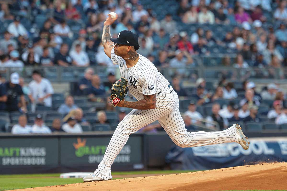 Aug 20, 2024; Bronx, New York, USA; New York Yankees starting pitcher Luis Gil (81) delivers a pitch during the first inning against the Cleveland Guardians at Yankee Stadium. 